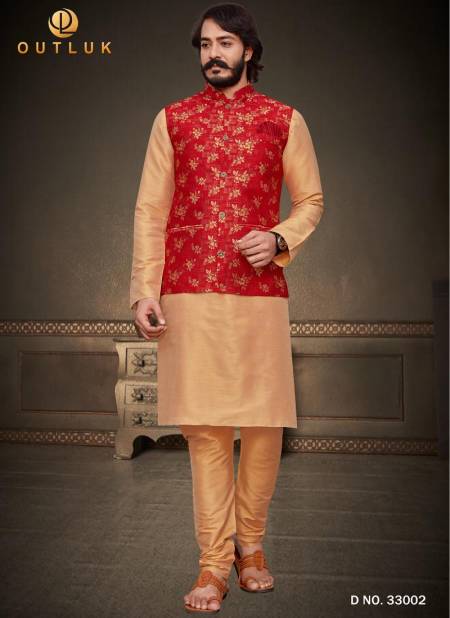 Golden Colour Latest Design Festive Wear Art Silk Digital Printed Kurta Pajama With Jacket Mens Collection 33002